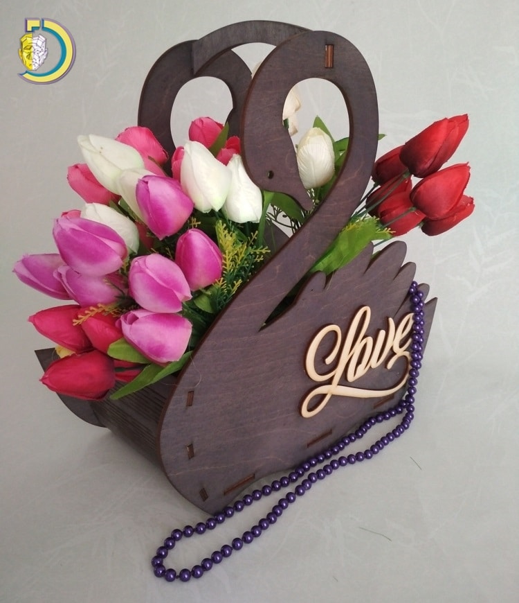 Laser Cut Swan Flower Basket CDR Free Vector